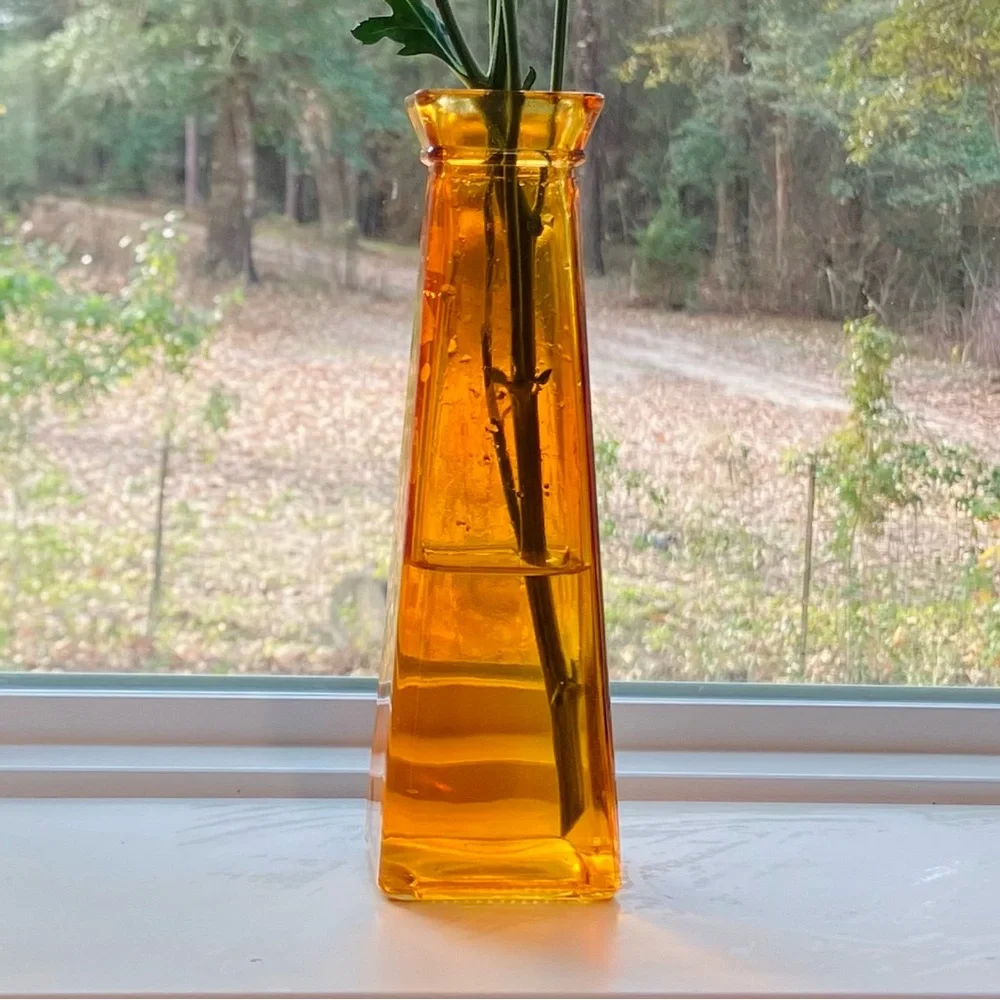 Vintage MCM Amber Glass Geometric Pyramid Flower Bud Vase
